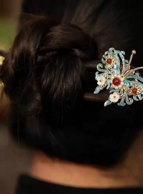 蝴蝶u型发簪新中式清冷发髻簪子女古风檀木高级感双钗旗袍发饰品