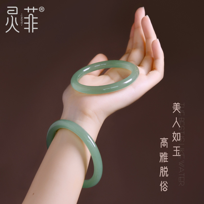 天然东陵玉手镯女正品晴水东陵玉镯子玉镯粗圆条叮当玉石镯子少女