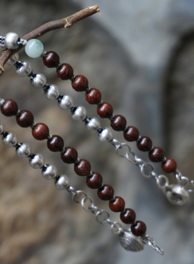 云起手工。清代老银虎头瓜果贝壳田螺小叶紫檀设计款纯银珠手链