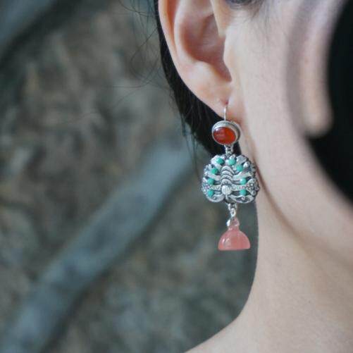 云起设计。清代蝴蝶老银老玛瑙天河石莲蓬原创手工民族国风银耳环