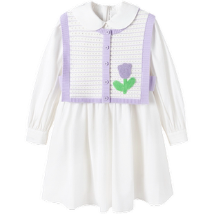 巴拉巴拉童装儿童连衣裙针织拼接女童春秋装学院娃娃领裙子套装潮