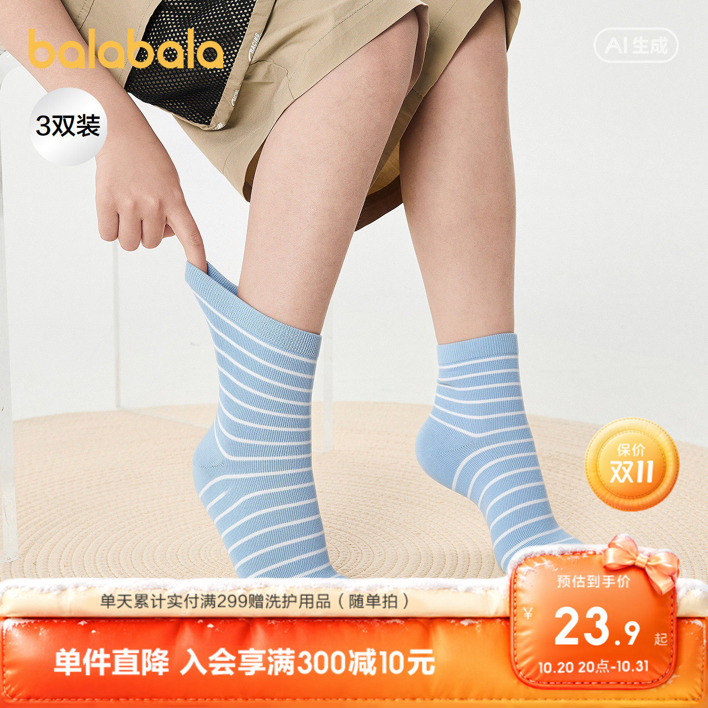 【商场同款】巴拉巴拉儿童袜子夏季网眼袜透气薄男童学生袜三双装