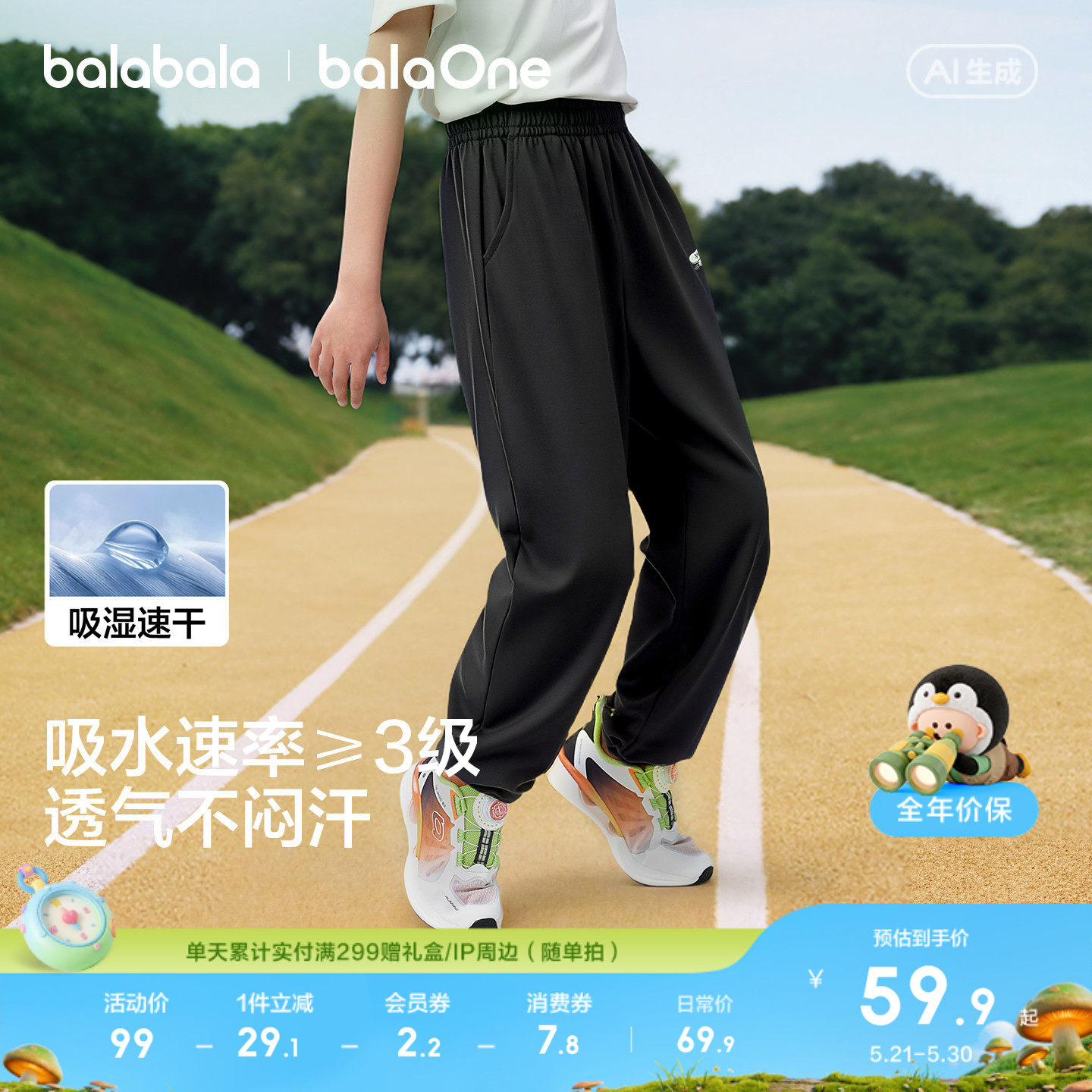 巴拉巴拉童装男童长裤儿童裤子2026夏款女童中大童速干运动防蚊裤