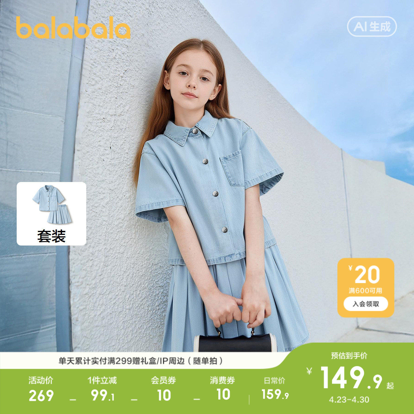 巴拉巴拉女童套装夏季儿童装2026休闲夏装牛仔两件套时尚百搭洋气