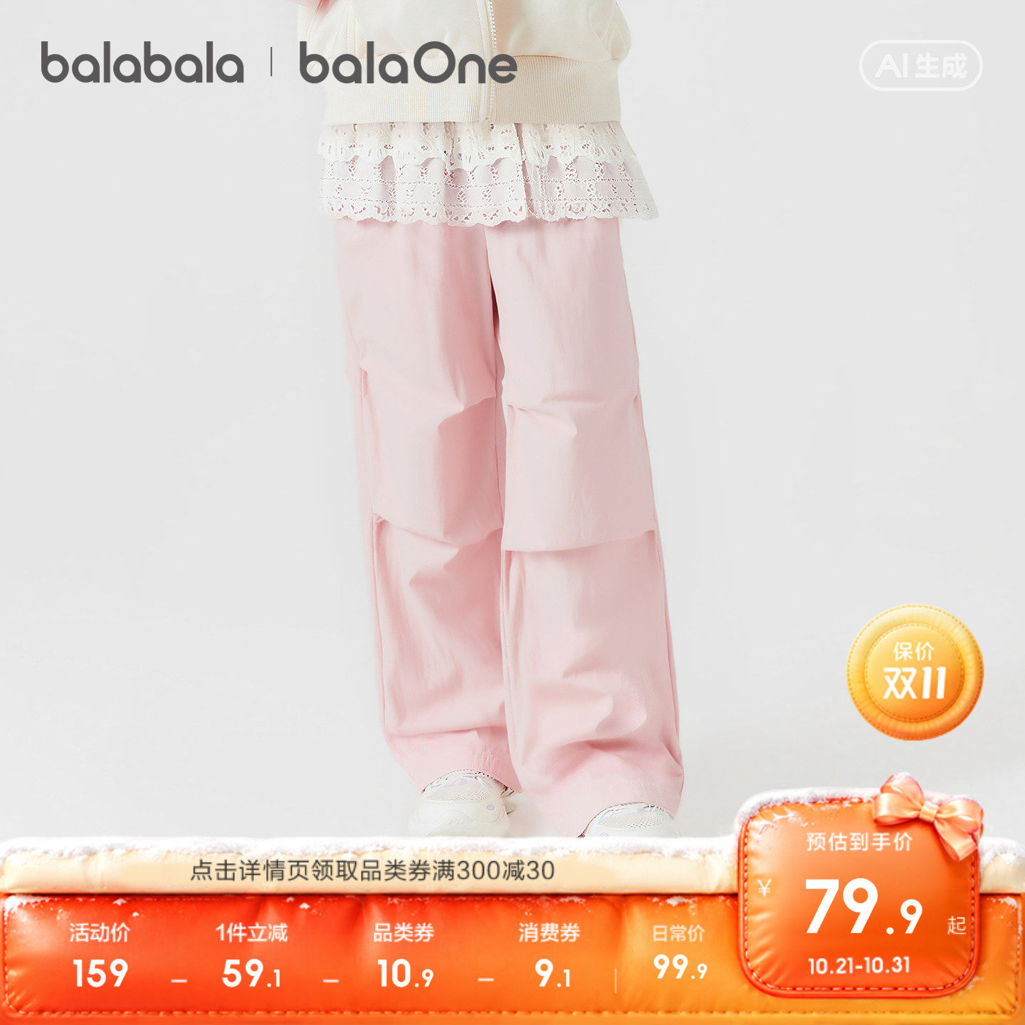 【balaOne】巴拉巴拉童装儿童裤子女童2026秋装新款工装裤假两件