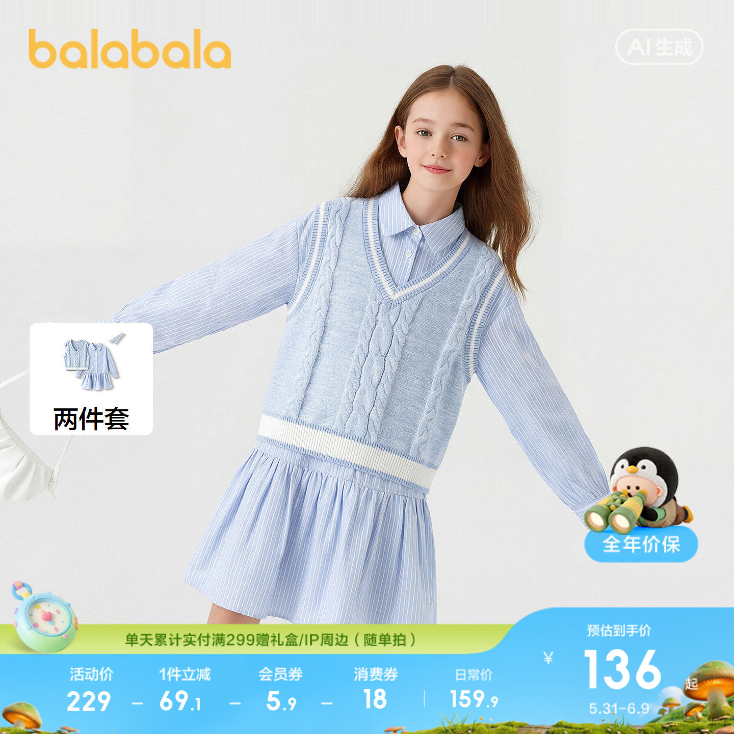 巴拉巴拉童装女童连衣裙儿童两件套春装毛织马甲百搭时尚甜美条纹