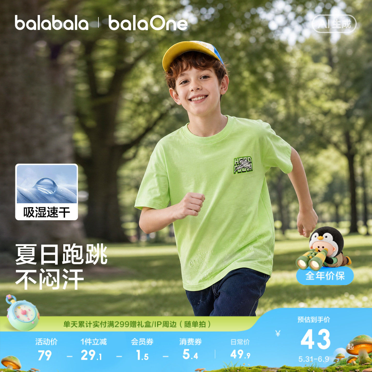 巴拉巴拉童装儿童短袖t恤男童上衣2026新款夏亲子装打底速干潮酷