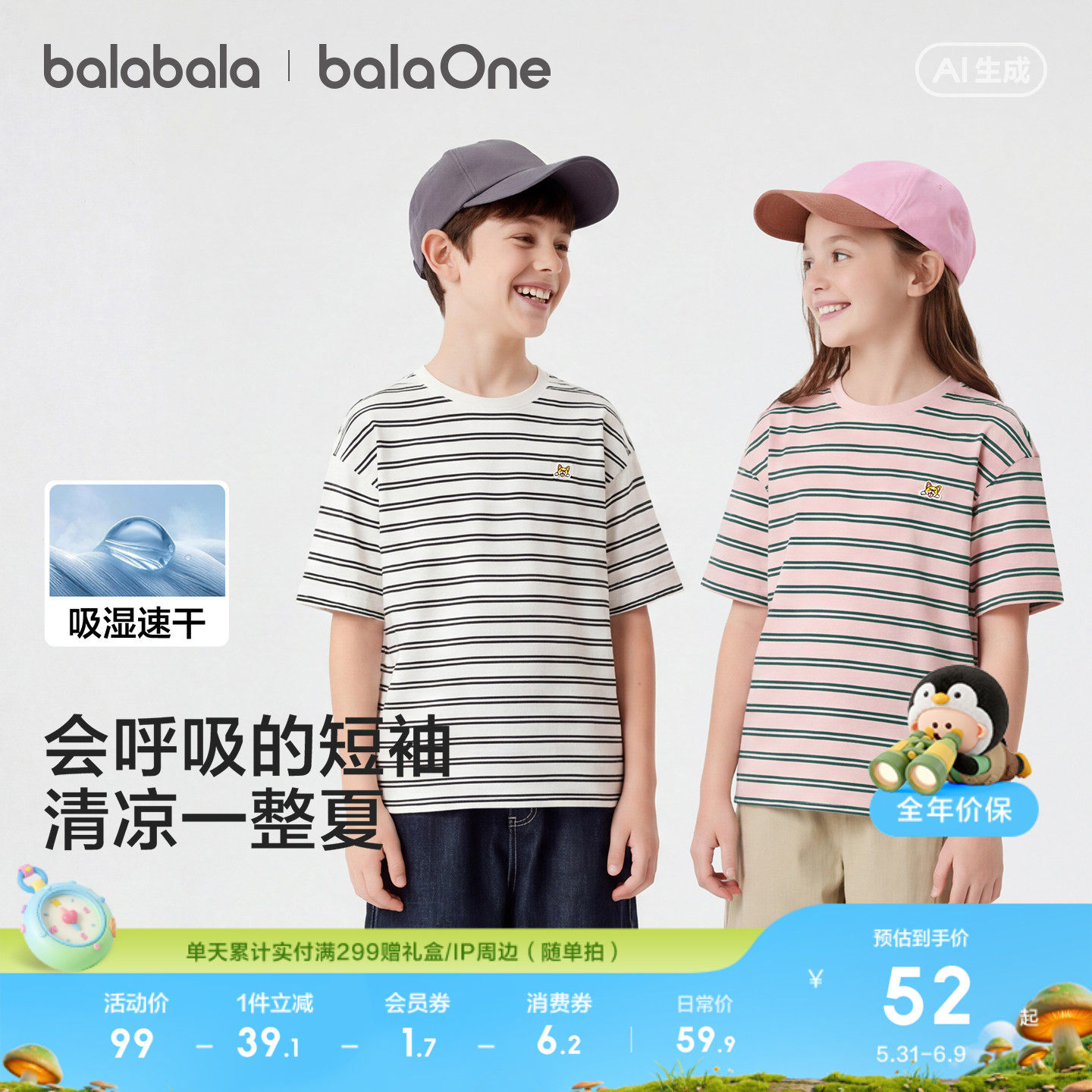 巴拉巴拉童装儿童短袖t恤男童女童2026新款夏装条纹速干亲子上衣
