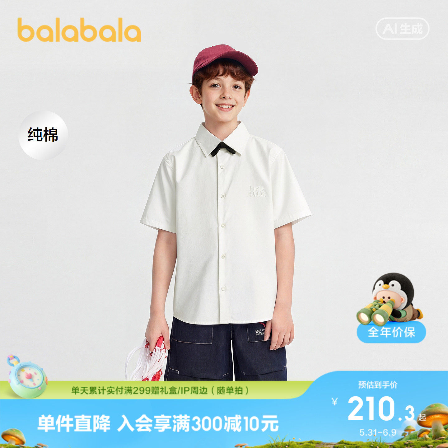 【商场同款】巴拉巴拉男童短袖衬衫儿童大童上衣新款夏亲子装纯棉