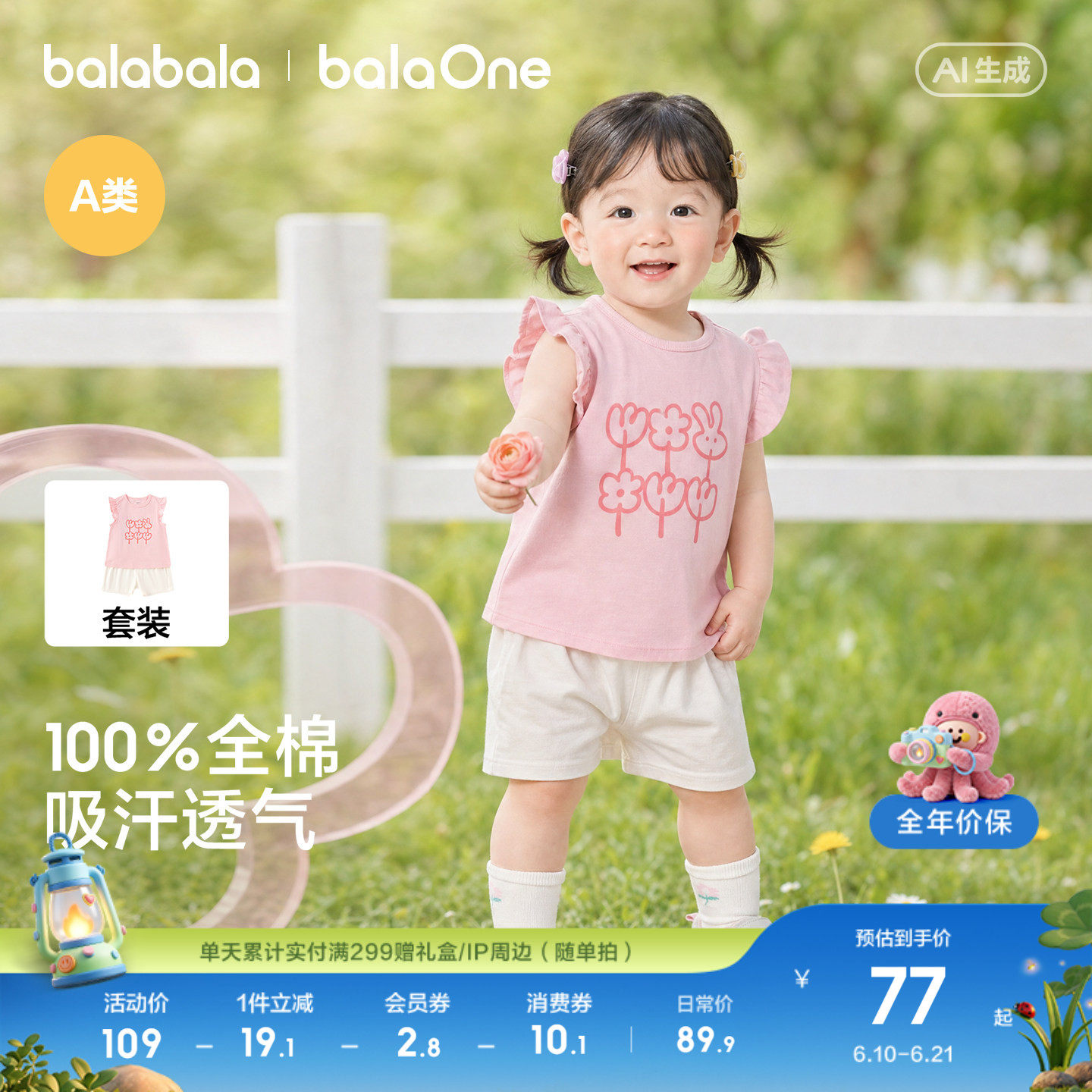 巴拉巴拉童装女童宝宝短袖套装婴儿t恤儿童裤子两件套2026夏装萌