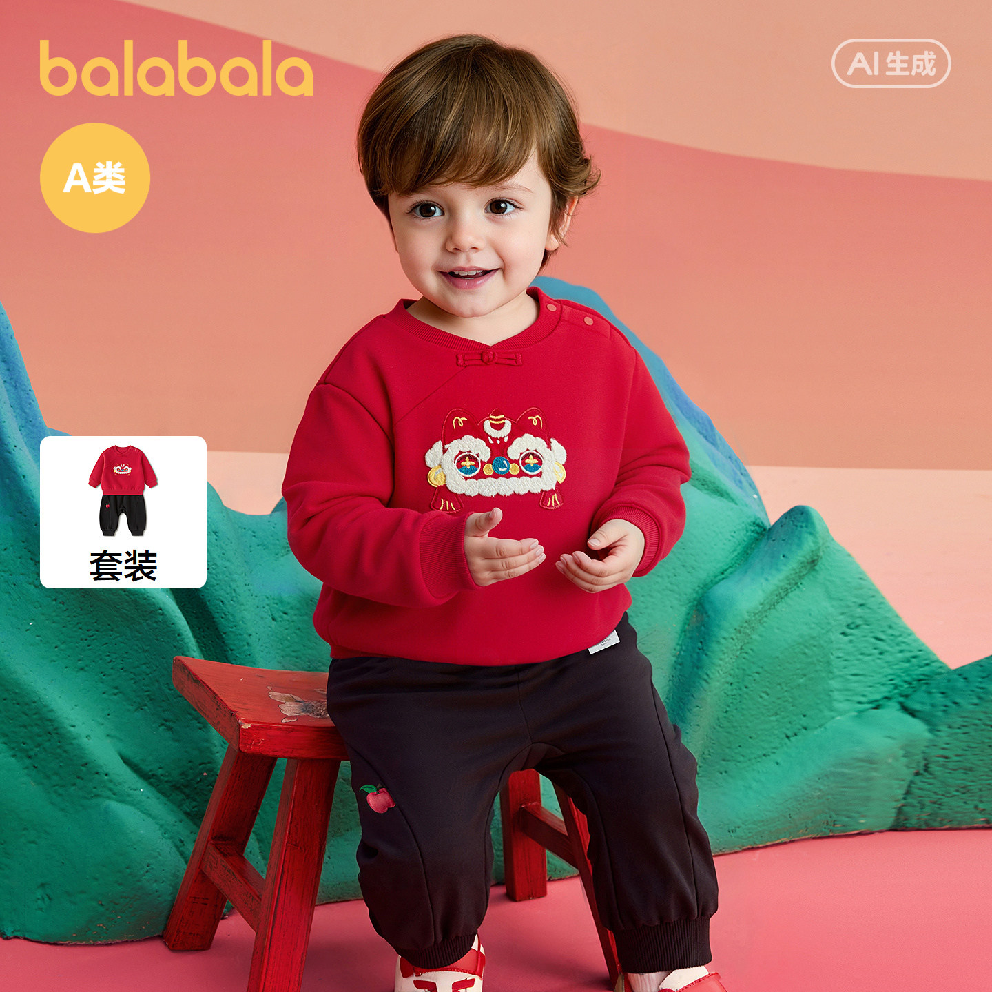 【商场同款】巴拉巴拉儿童套装宝宝两件套新款2025春装红色拜年服
