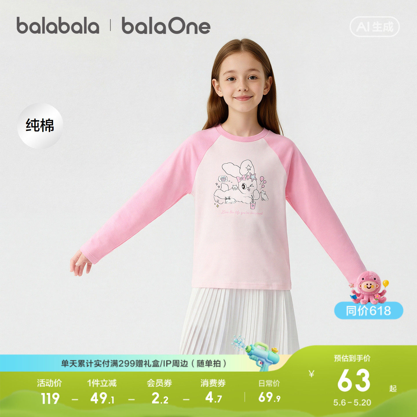 【balaOne】巴拉巴拉童装女童长袖t恤儿童2025新款秋纯棉