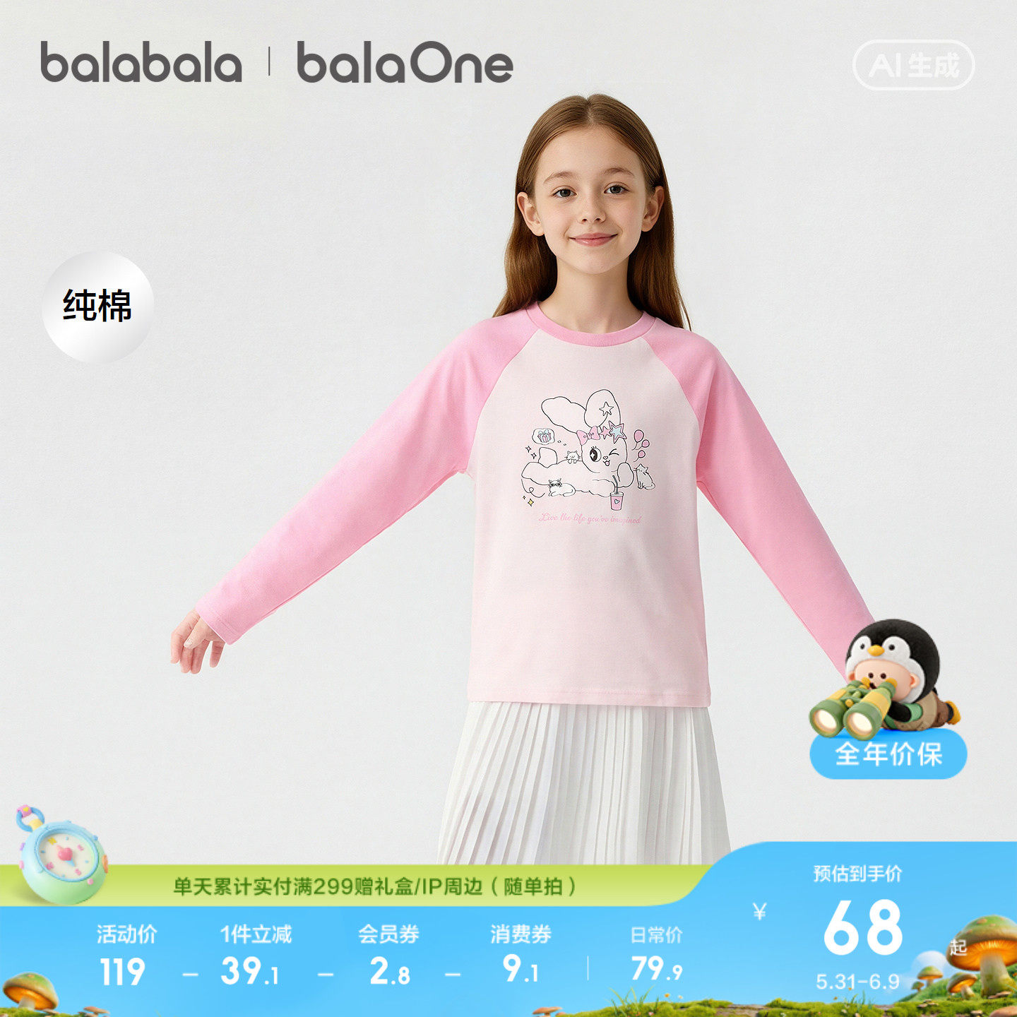 【balaOne】巴拉巴拉童装女童长袖t恤儿童2025新款秋纯棉撞色上衣