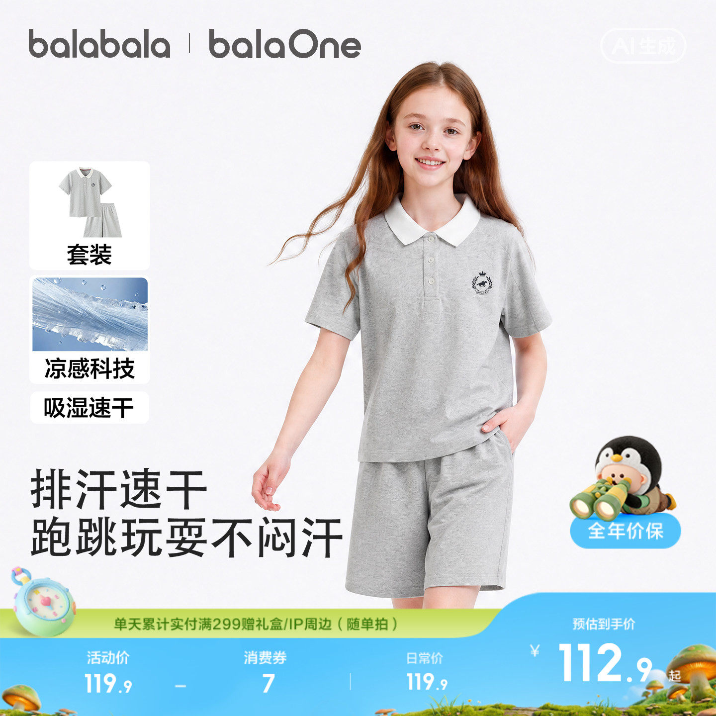 巴拉巴拉儿童短袖套装女童男童两件套潮夏装速干凉感六一儿童礼物