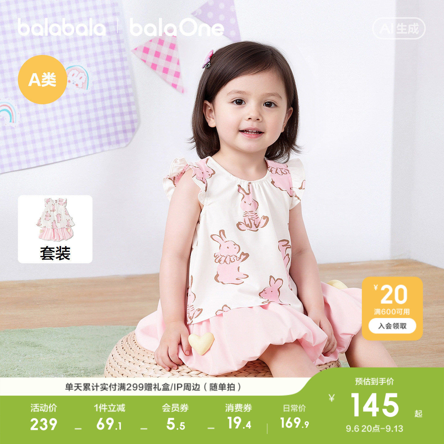 巴拉巴拉童装宝宝女童短袖套装婴儿裙子儿童两件套2026新夏装t恤