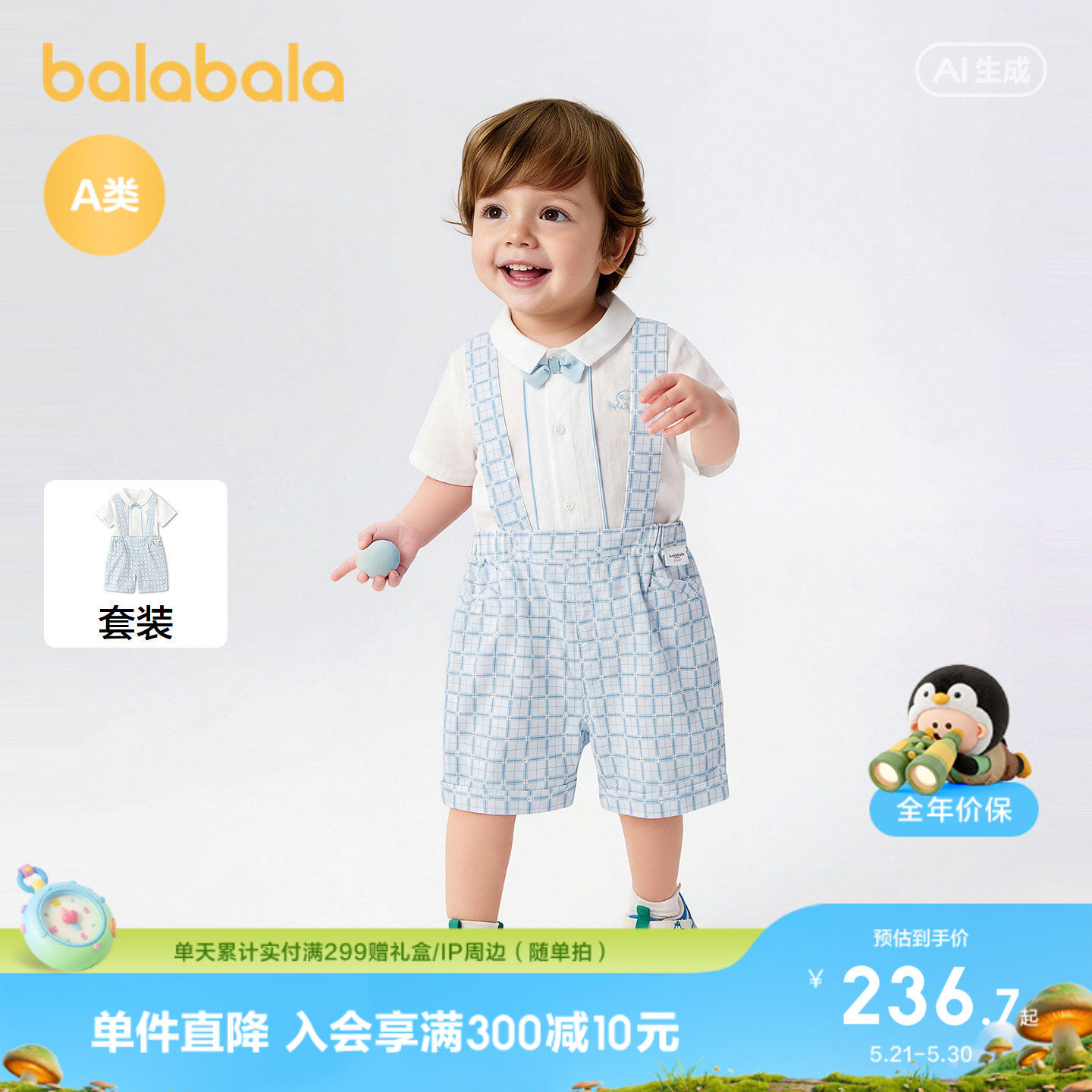 【商场同款】巴拉巴拉童装宝宝短袖套装婴儿背带裤夏装2026新款萌