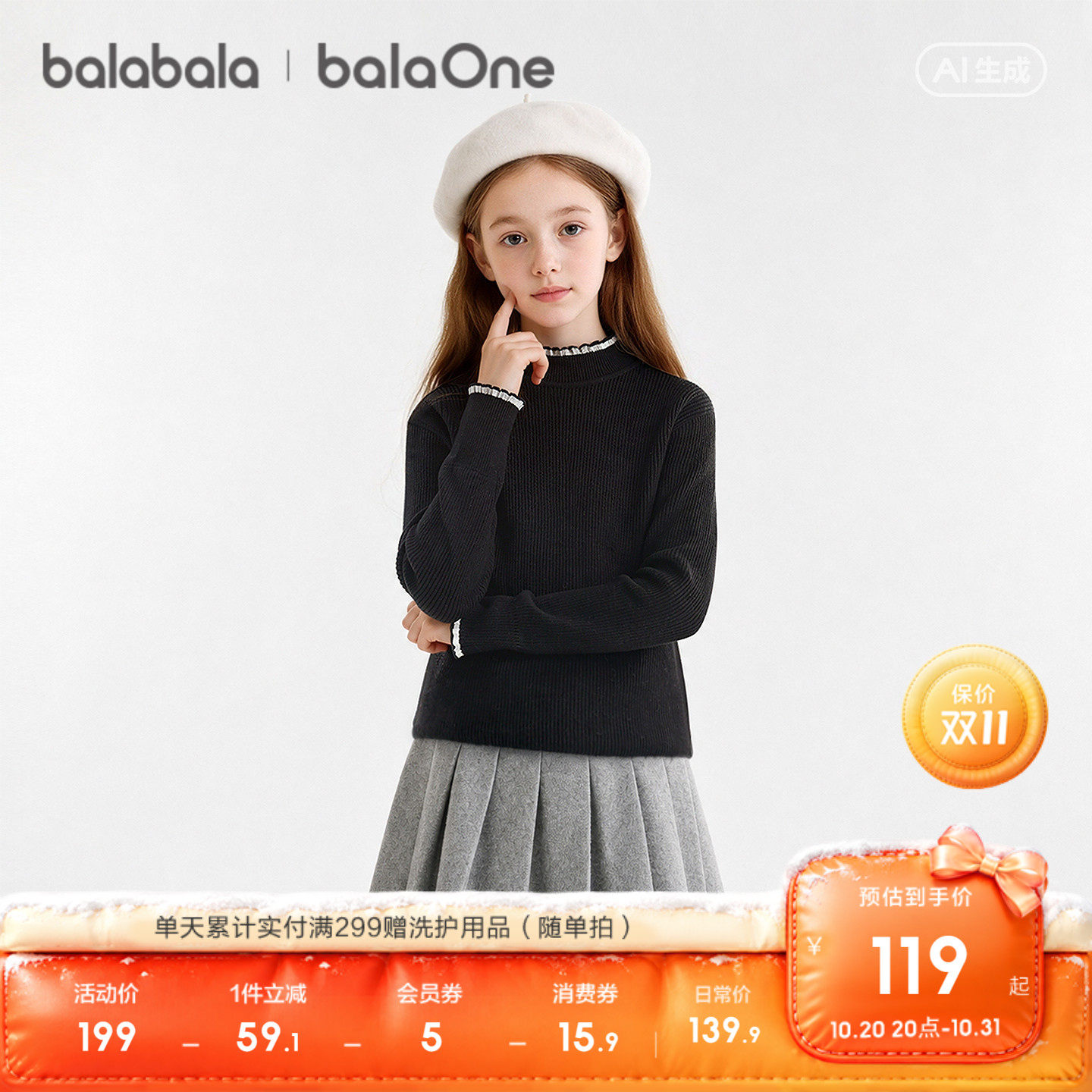 【balaOne】巴拉巴拉童装儿童毛衣女童上衣2026新秋冬毛衫打底衫