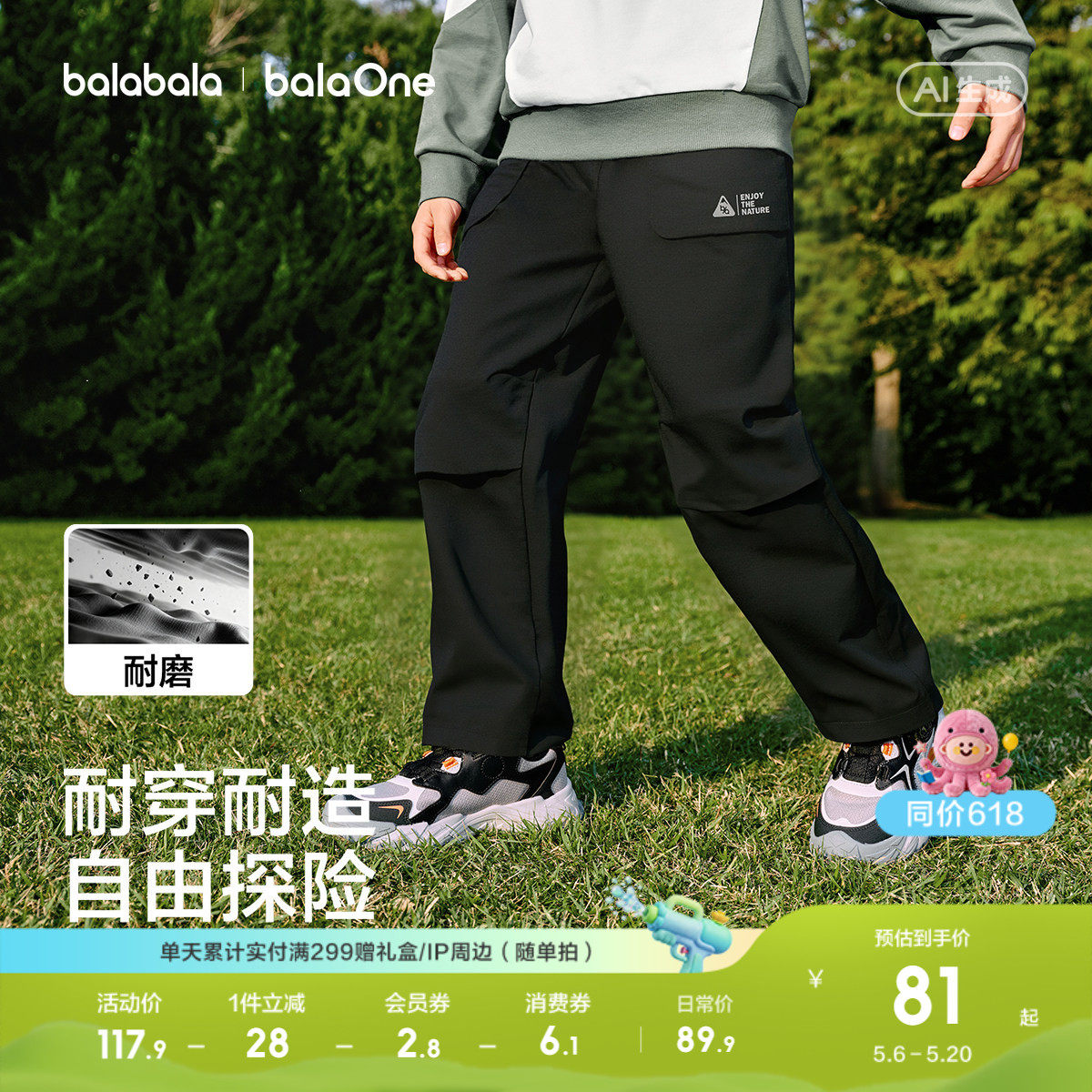 巴拉巴拉童装儿童裤子男童2026春装新款女童耐磨防水户外运动长裤