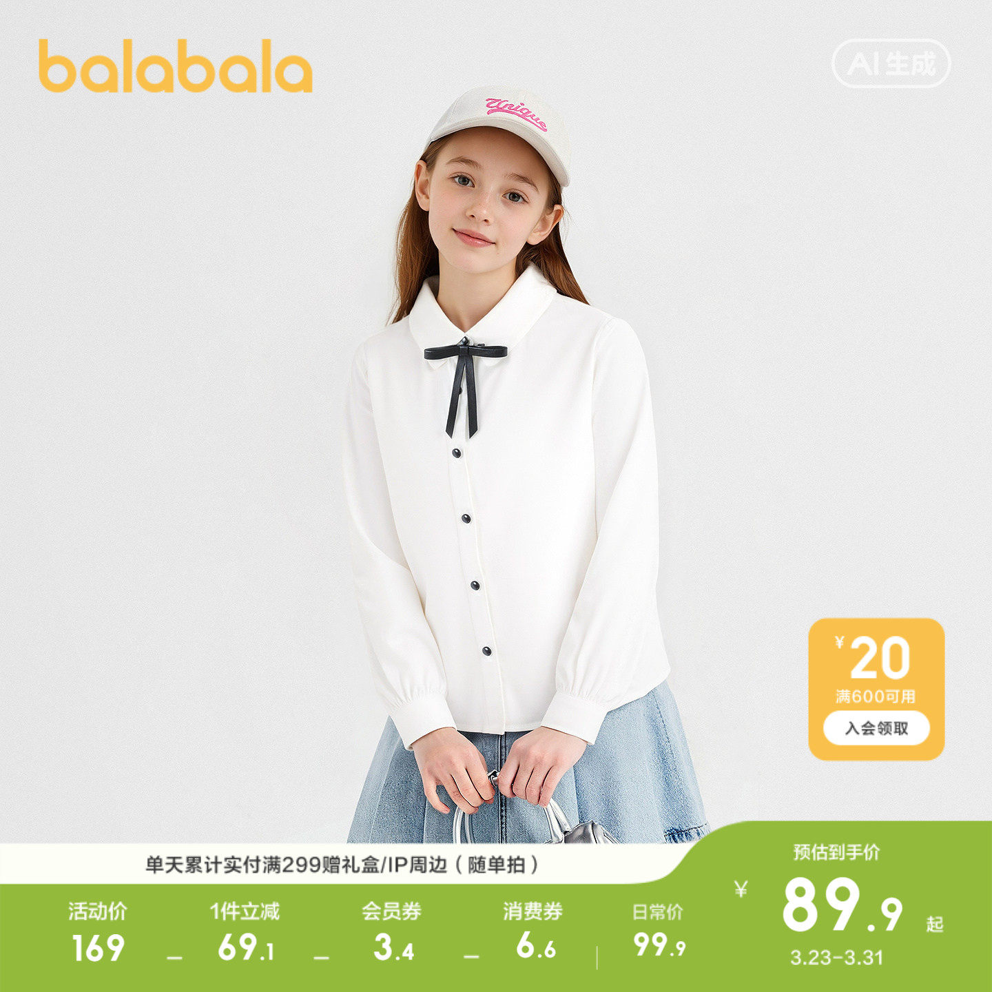 巴拉巴拉儿童长袖衬衫女童春装中大童学院风棉感白色衬衣柔软舒适