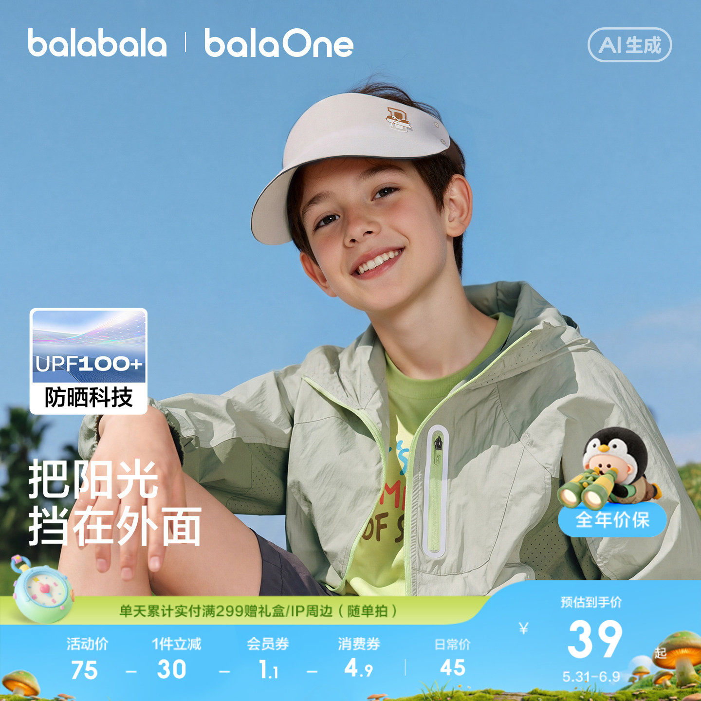 巴拉巴拉儿童防晒帽子男女童2026夏季新款遮阳防紫外线宝宝空顶帽