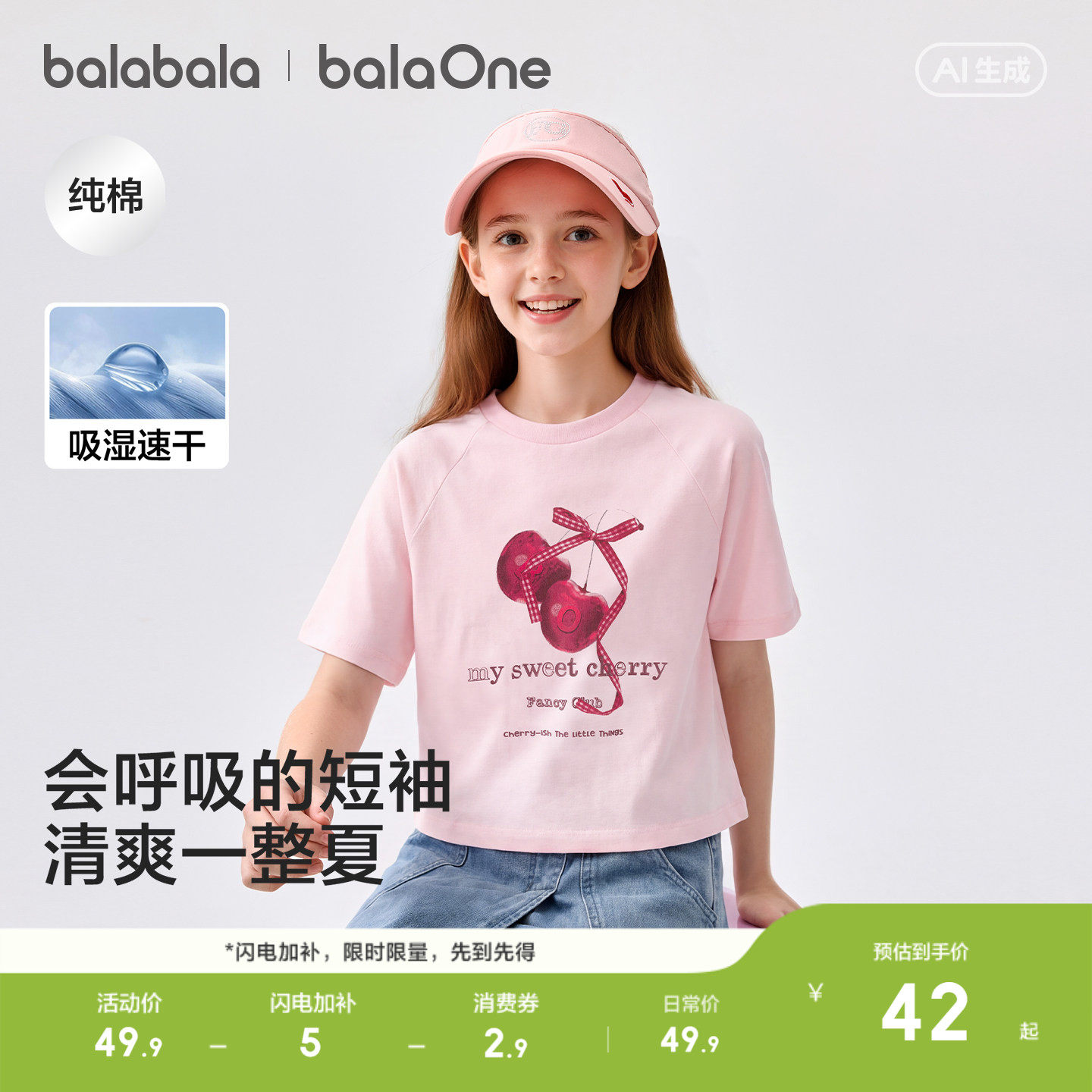 巴拉巴拉童装女童短袖t恤儿童2026新款夏装吸湿速干纯棉印花上衣