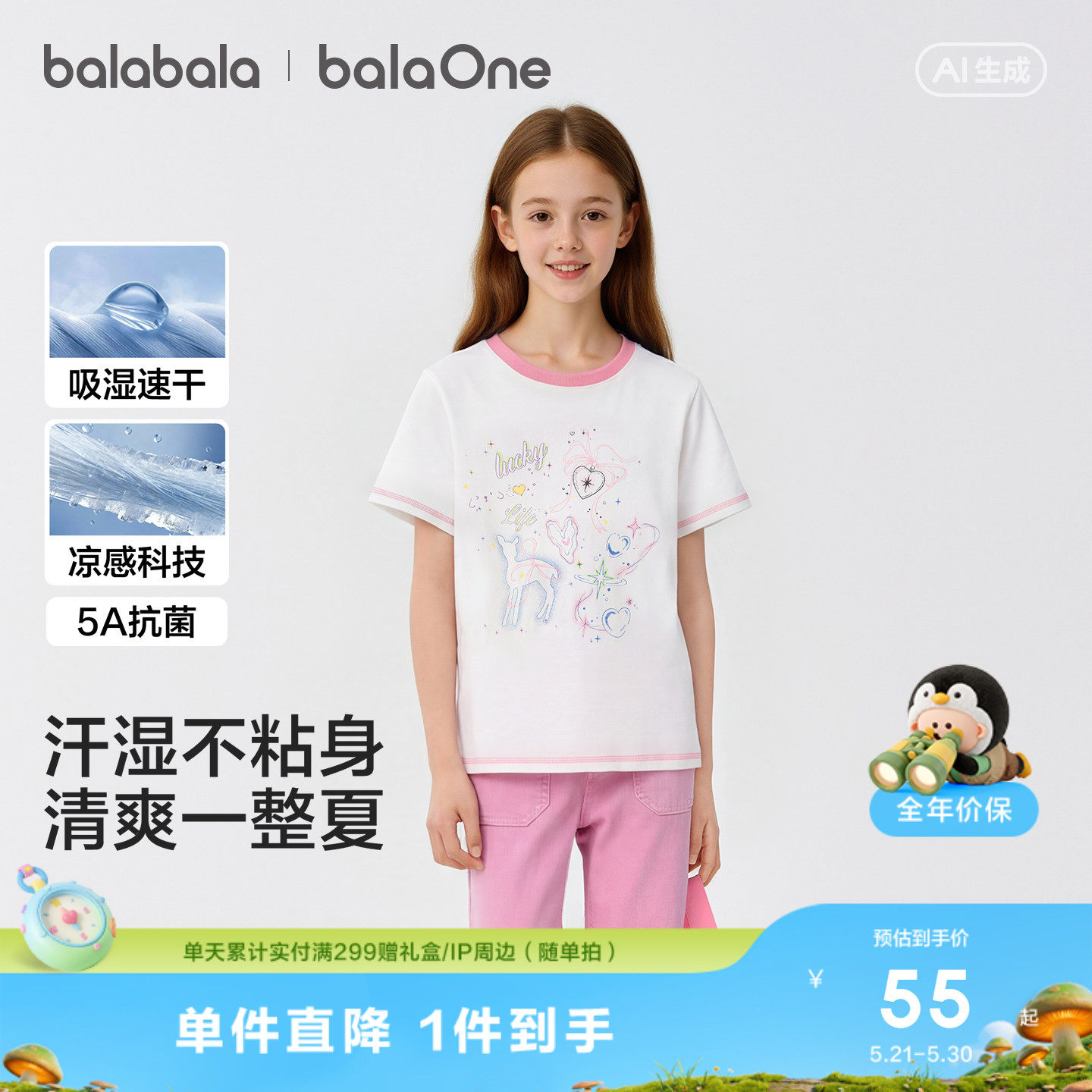 巴拉巴拉童装女童短袖t恤儿童夏装上衣2026新款速干凉感衣服舒适
