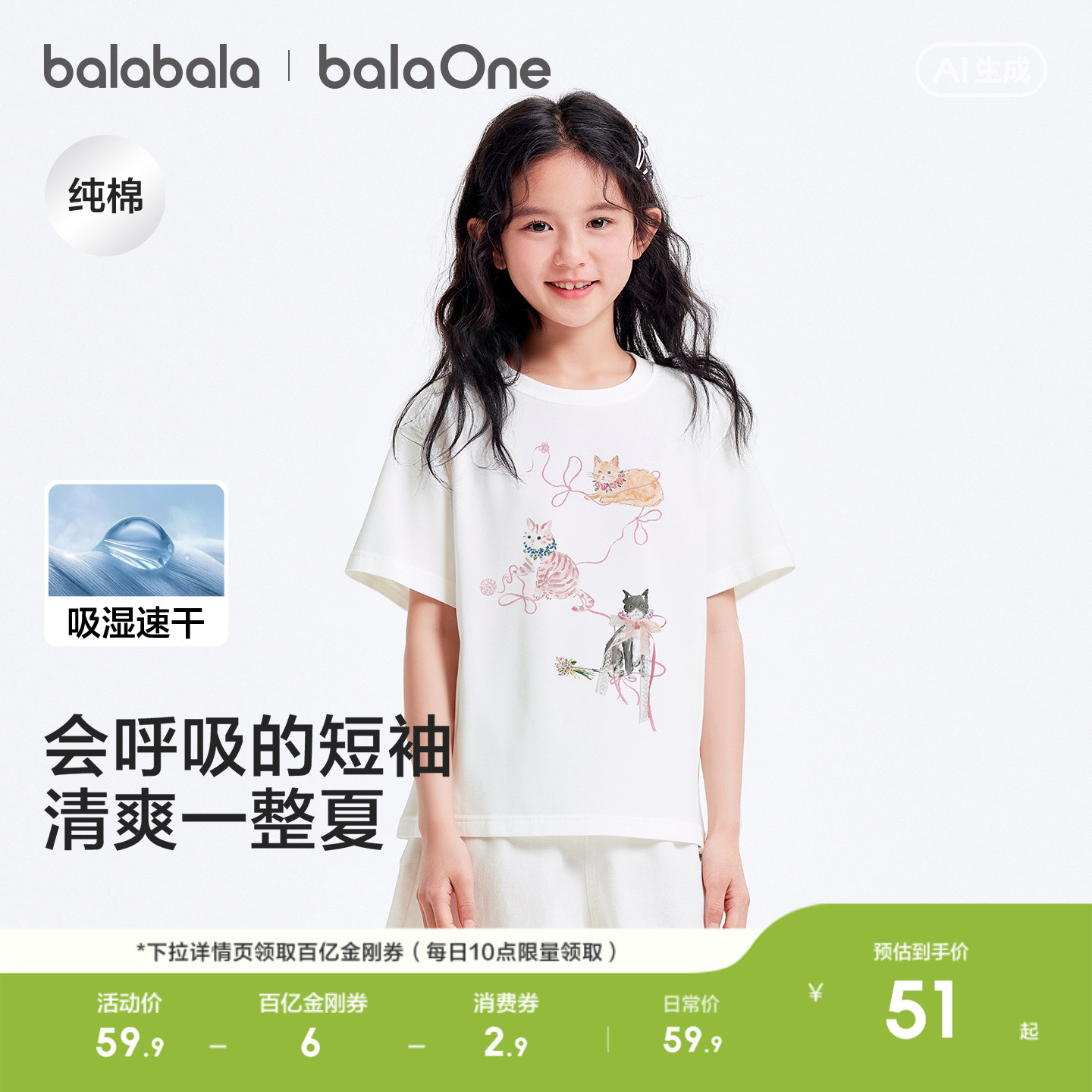 巴拉巴拉童装儿童速干短袖t恤衣服女童宝宝上衣2026新款轻薄夏装