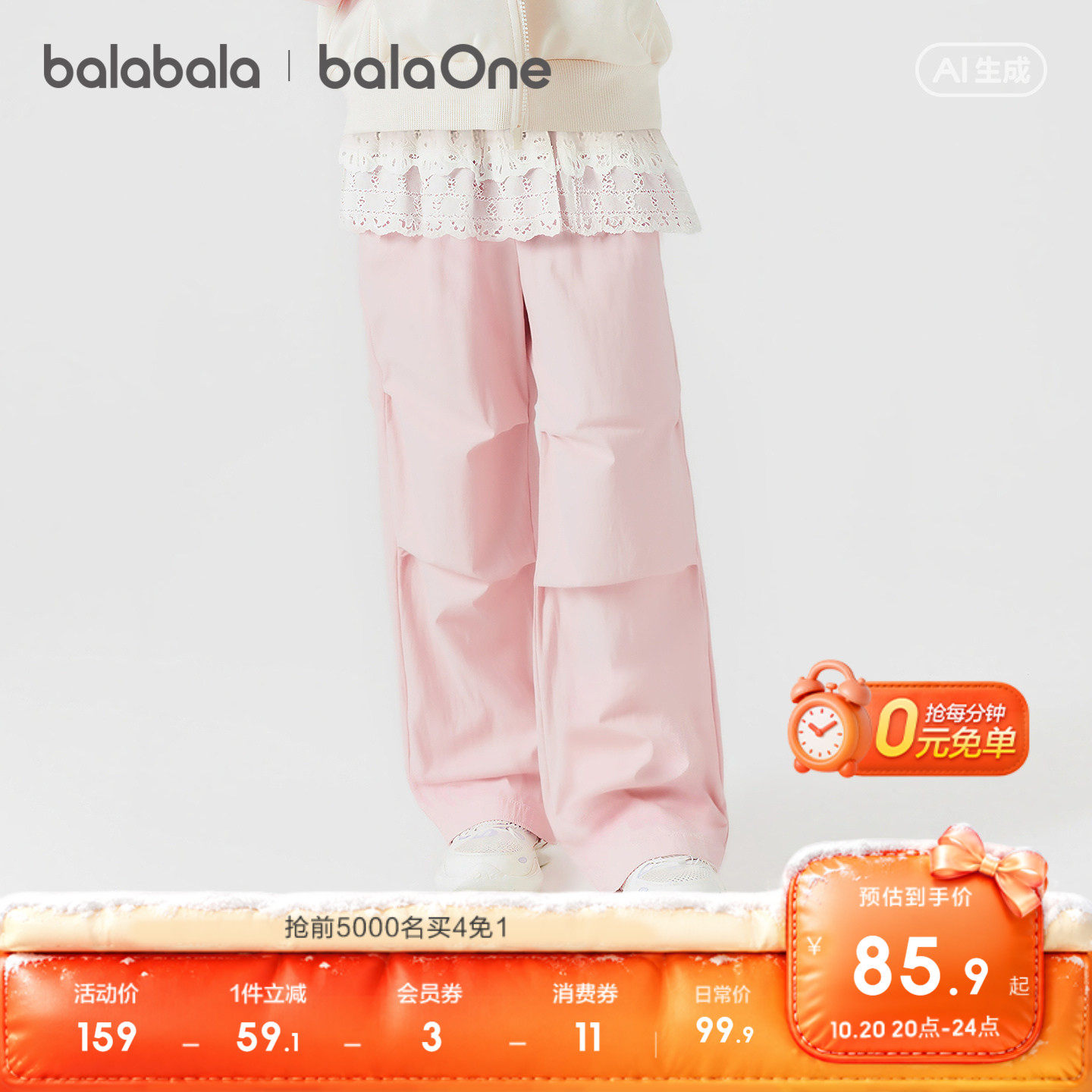 【balaOne】巴拉巴拉童装儿童裤子女童2026秋装新款工装裤假两件