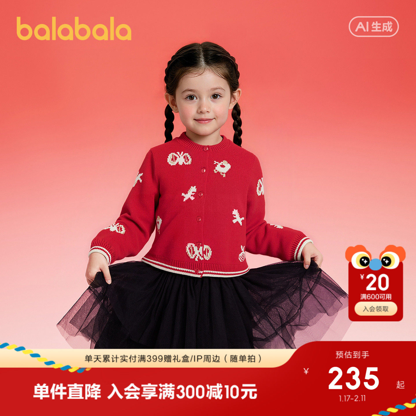 【商场同款】巴拉巴拉儿童毛衫女童2026年新款春秋含羊红色拜年服,童装/婴儿装/亲子装,毛衣/针织衫,淘宝优惠券,粉丝福利购,淘宝优惠卷