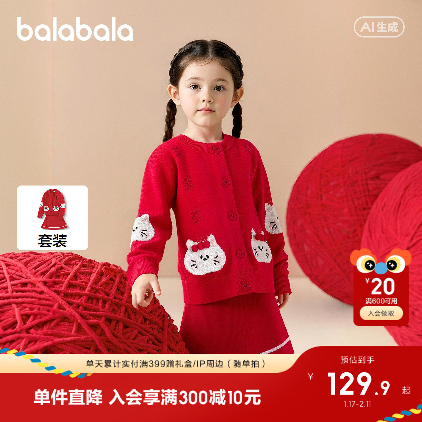 巴拉巴拉童装儿童套装女童春秋款毛织上下两件套提花可爱萌休闲