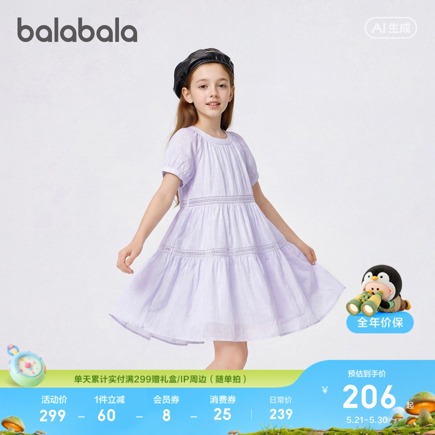 【商场同款】巴拉巴拉童装女童裙子儿童连衣裙2026新款夏装泡泡袖