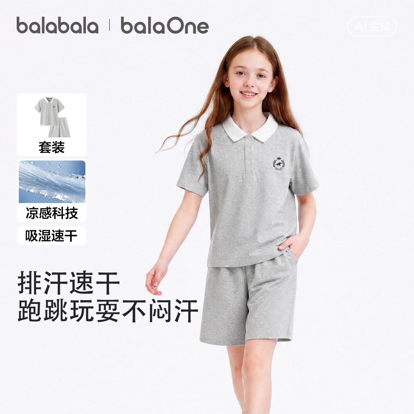 巴拉巴拉童装儿童短袖套装女童男童t恤两件套2026夏裤子速干凉感