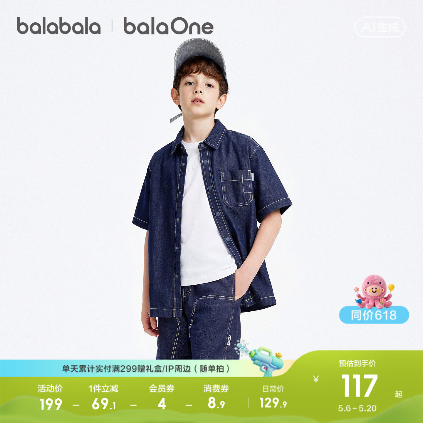 【balaOne】巴拉巴拉男童短袖衬衫儿童中大童牛仔2026新款