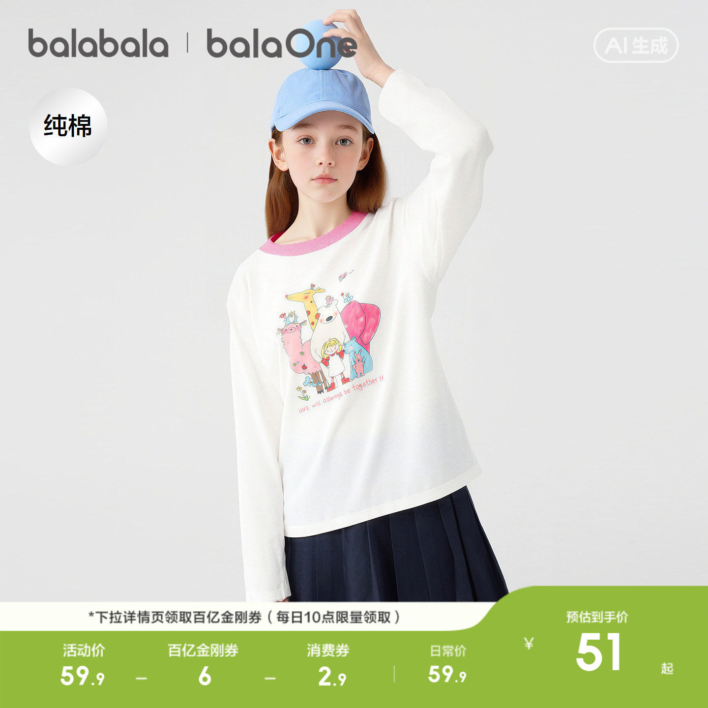 巴拉巴拉童装女童长袖t恤儿童2026春季新款上衣大童纯棉打底衫潮