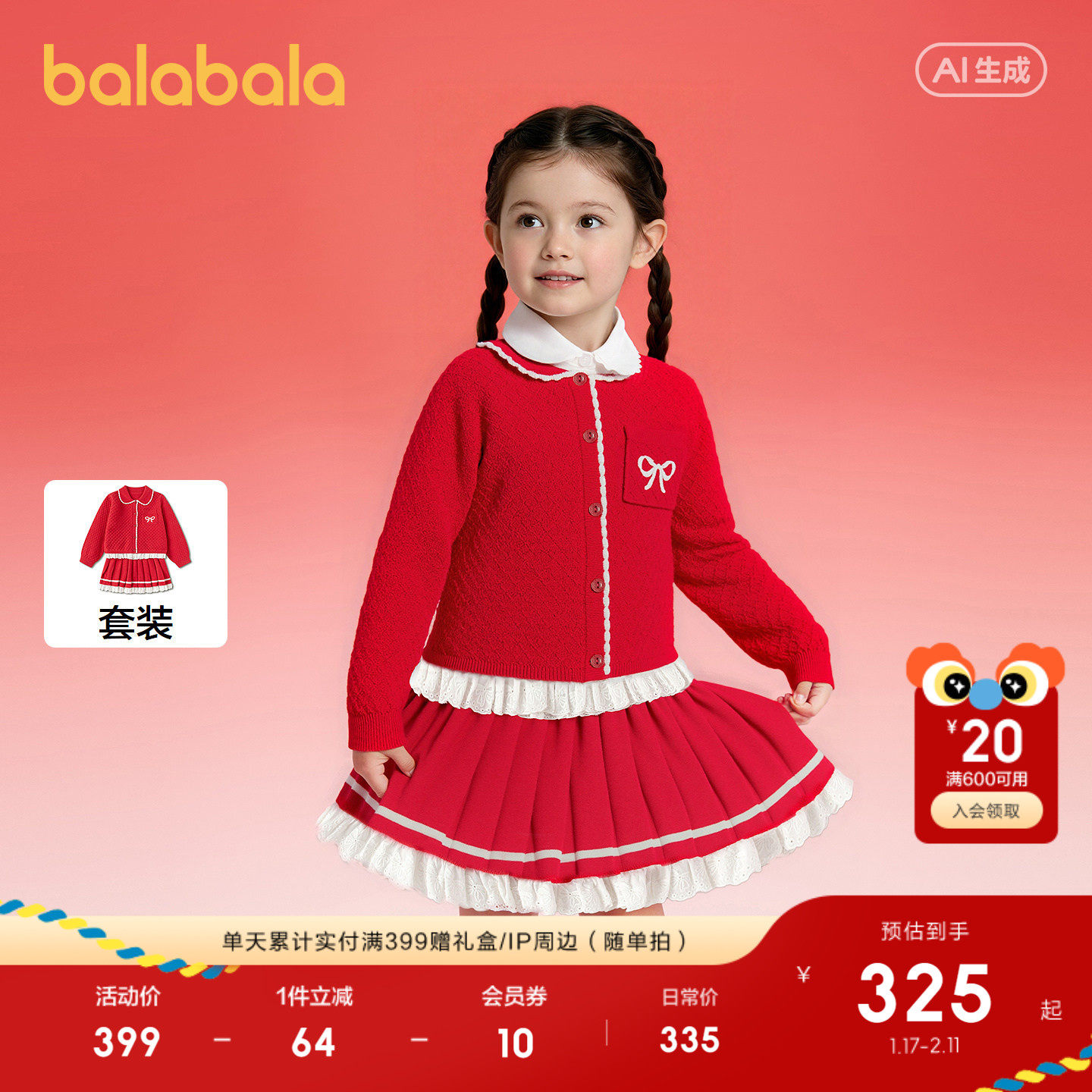 【商场同款】巴拉巴拉童装套装女童2026年新款春秋装新红色拜年服