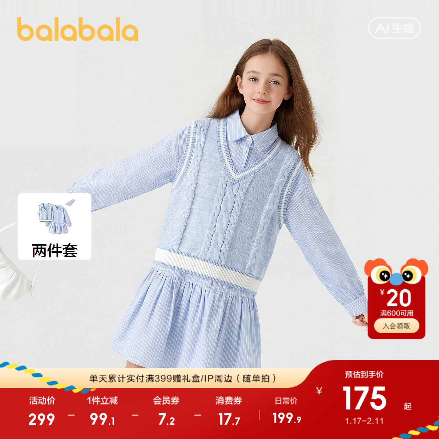 巴拉巴拉童装女童连衣裙儿童两件套春装毛织马甲百搭时尚甜美条纹,童装/婴儿装/亲子装,连衣裙,淘宝优惠券,粉丝福利购,淘宝优惠卷