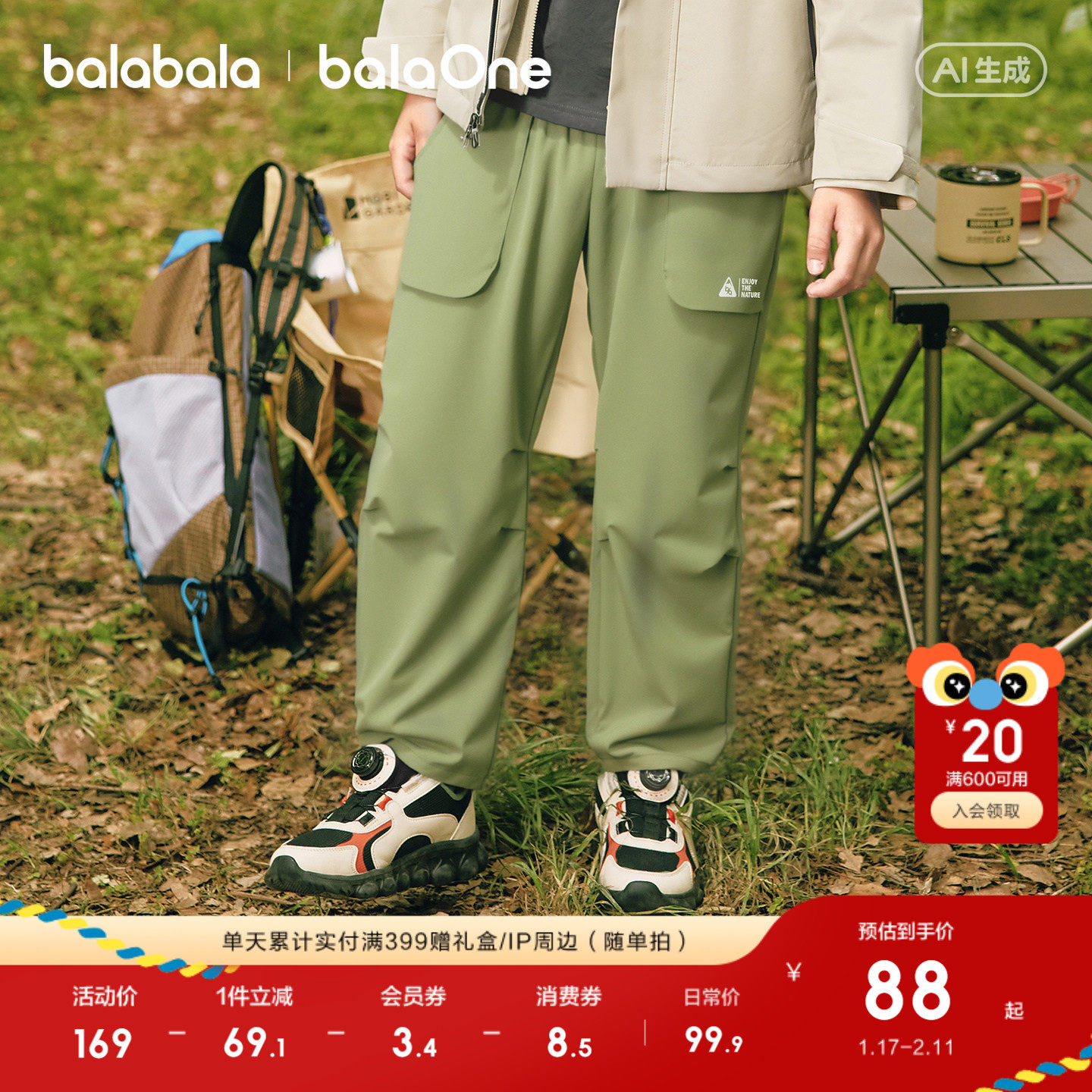 【balaOne】巴拉巴拉童装儿童裤子男女童2026春装新款长裤伞兵裤,童装/婴儿装/亲子装,工装裤,淘宝优惠券,粉丝福利购,淘宝优惠卷