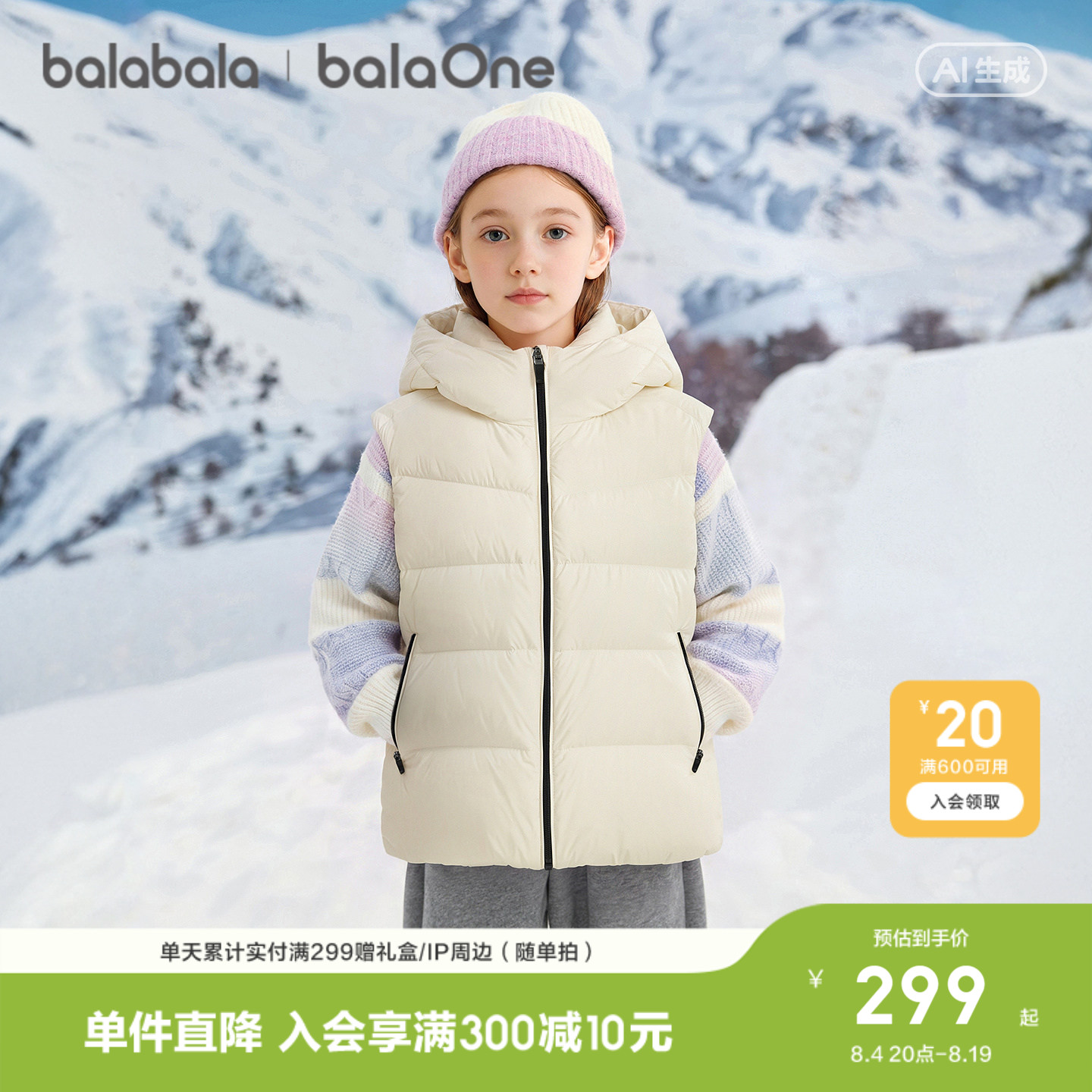 巴拉巴拉balaOne男女童羽绒马甲