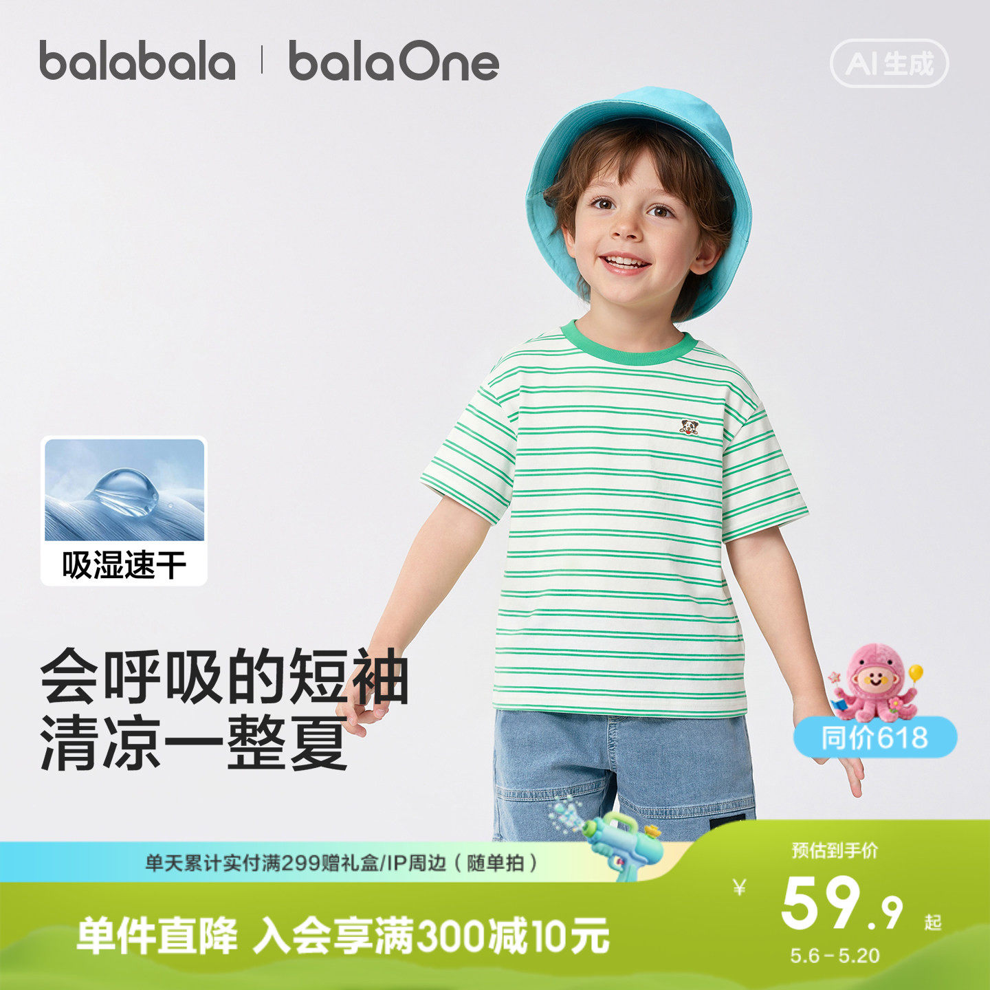 巴拉巴拉童装儿童短袖t恤男童女童2026新款夏装条纹速干亲子上衣