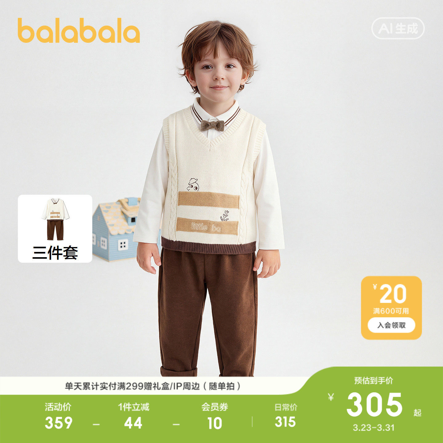 【商场同款】巴拉巴拉童装儿童套装男童2026新款春秋装马甲三件套