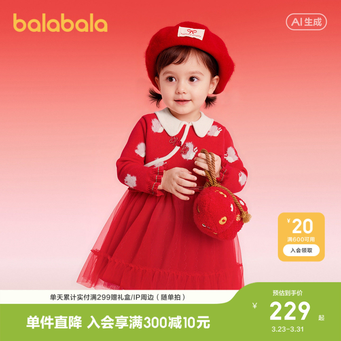【商场同款】巴拉巴拉童装宝宝连衣裙儿童公主裙2026新红色拜年服