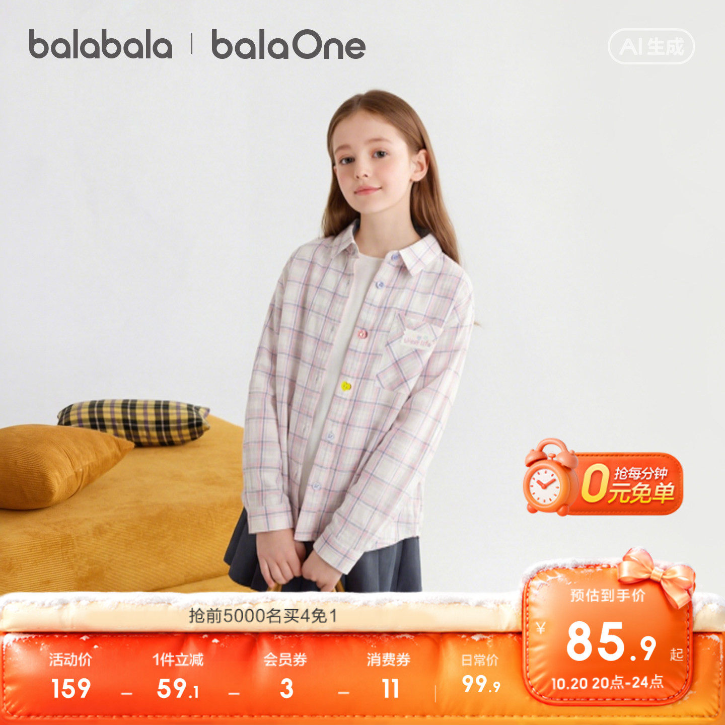 【balaOne】巴拉巴拉童装儿童长袖衬衫女童2026新款秋装格子时尚