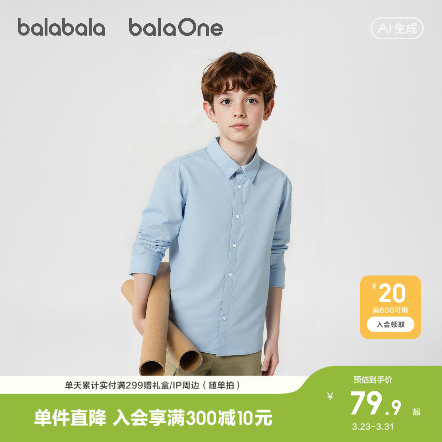 巴拉巴拉童装男童长袖衬衫宝宝2026新款春装纯棉亲肤纯色衬衣时尚