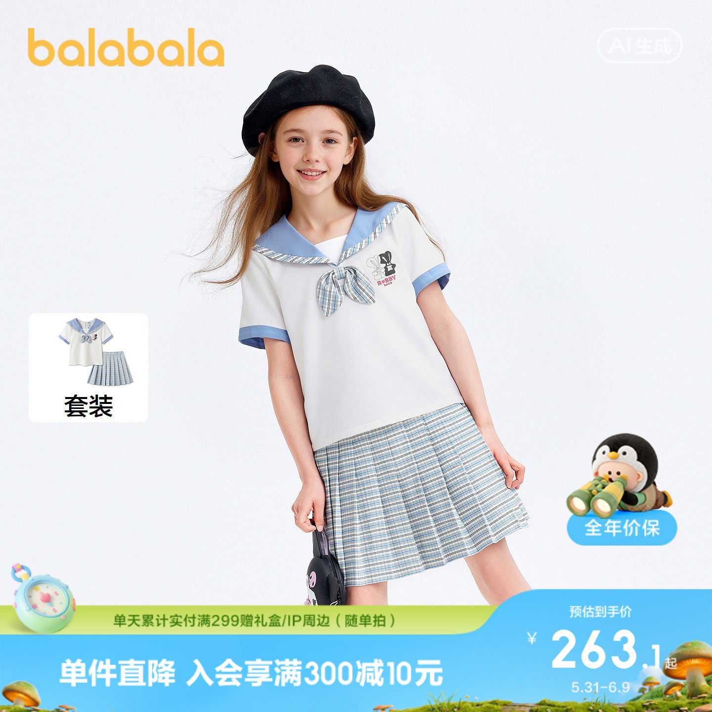 【商场同款】巴拉巴拉女童短袖套装儿童两件套2026夏装裙子学院风