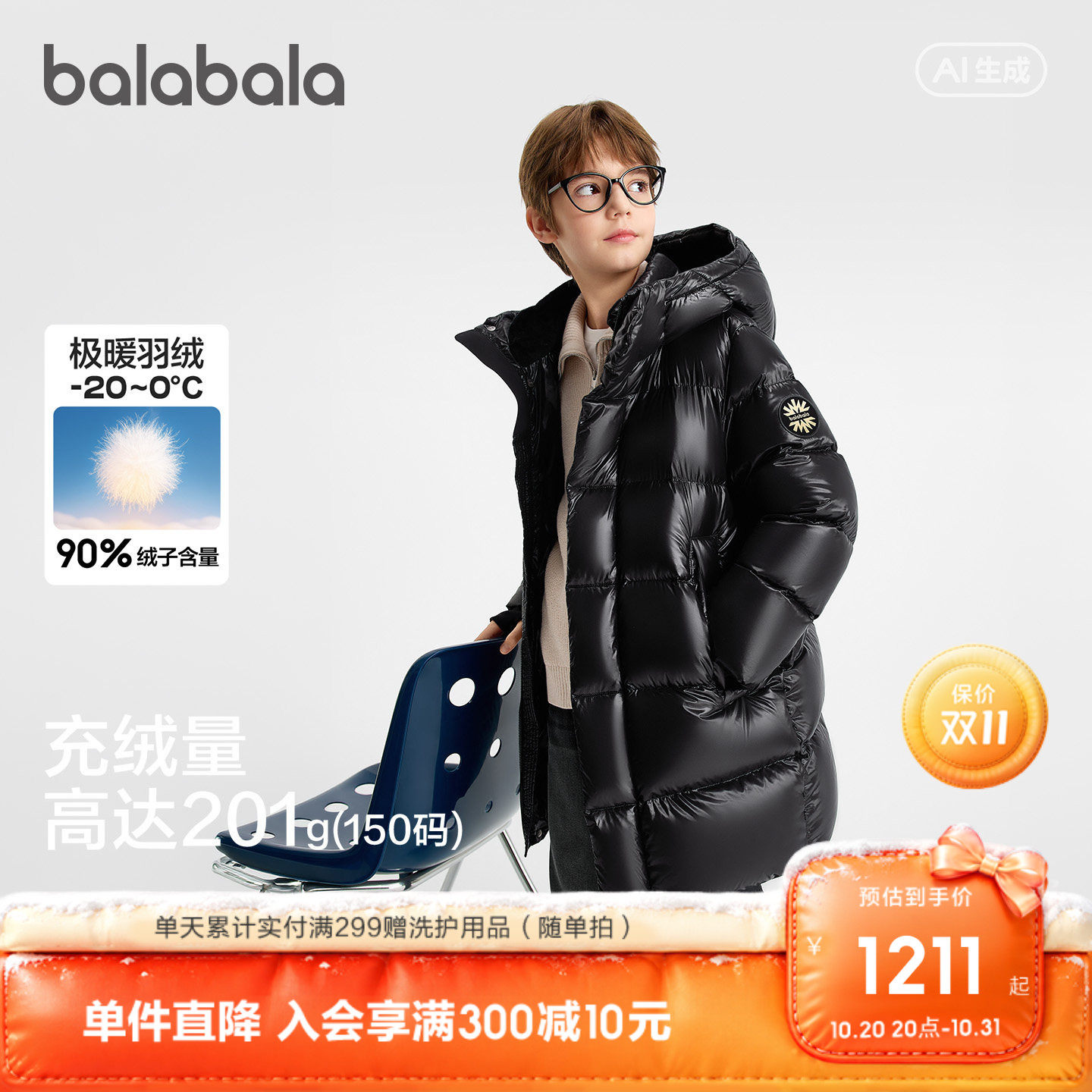 巴拉巴拉男女童长款鹅绒羽绒服潮