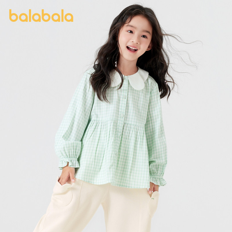 巴拉巴拉童装儿童长袖衬衫女童秋装甜美可爱文艺格子上衣小童翻领