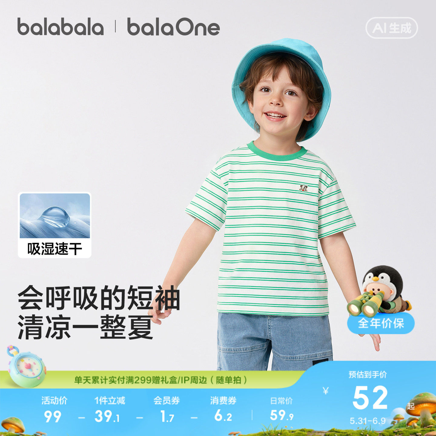 巴拉巴拉童装儿童短袖t恤男童女童2026新款夏装条纹速干亲子上衣