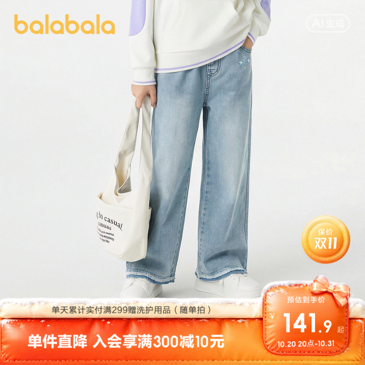 巴拉巴拉童装女童儿童裤子长裤直筒牛仔裤2026秋装新款绣花甜美潮