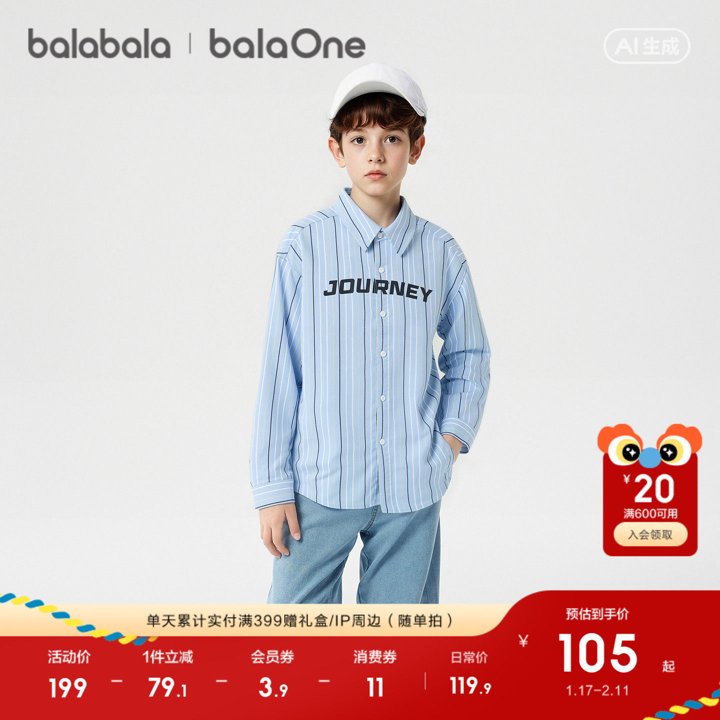 【balaOne】巴拉巴拉童装儿童长袖衬衫女童男童2026新款春