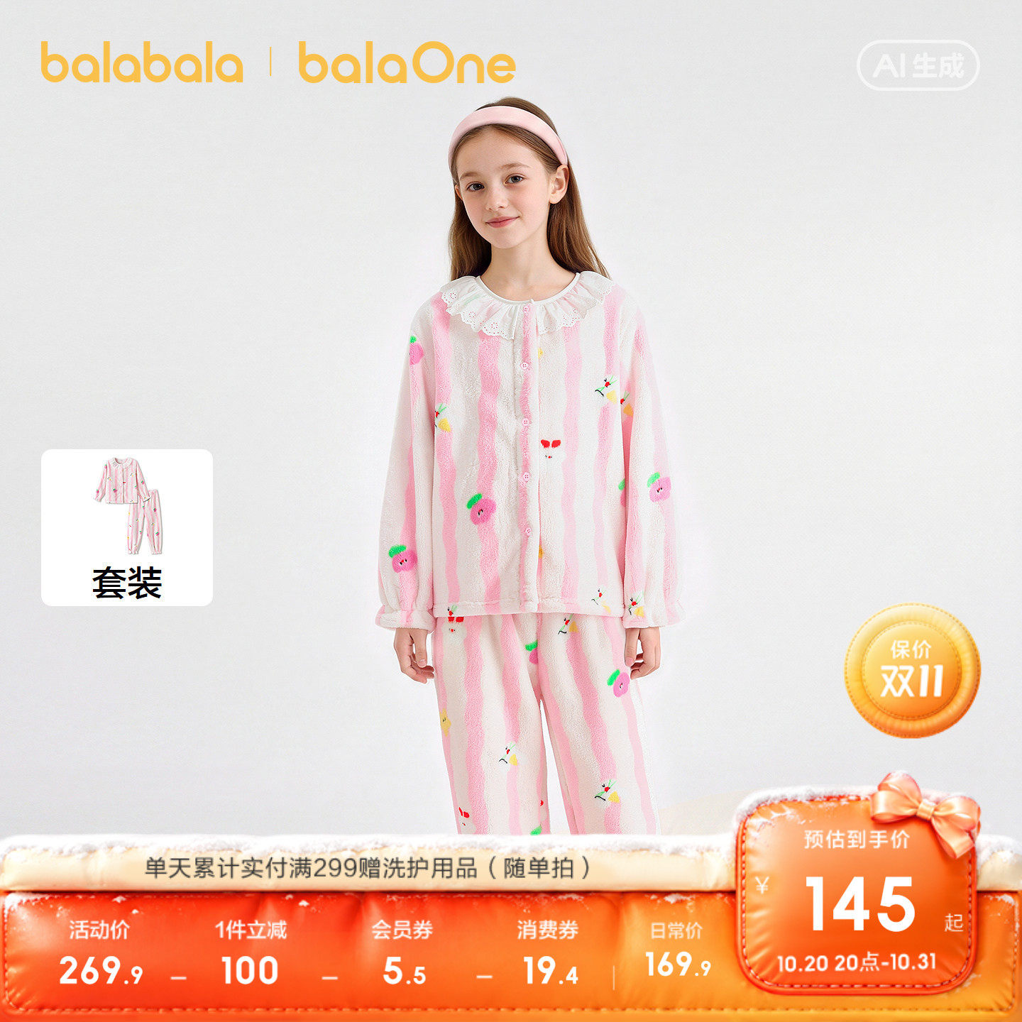 【balaOne】巴拉巴拉女童睡衣套装秋冬儿童家居服法兰绒厚抗静电